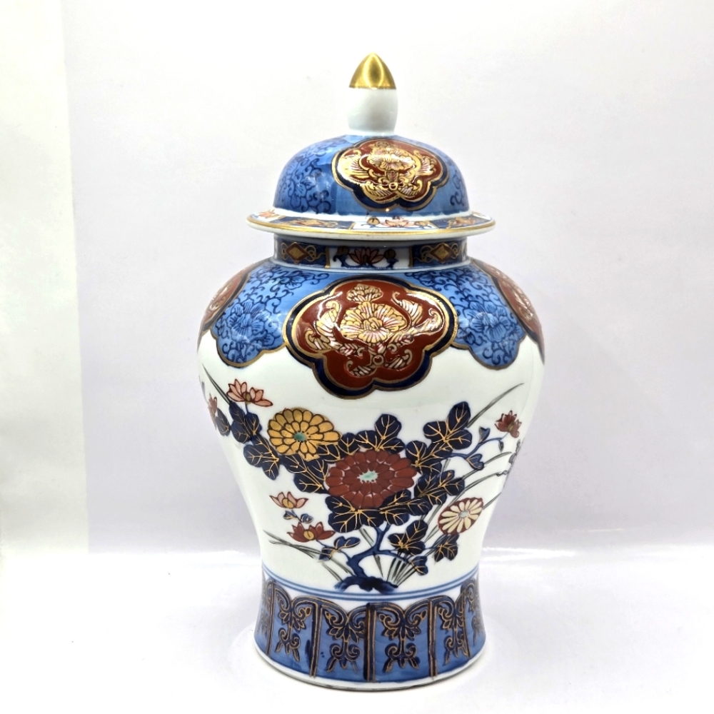 Vintage White Porcelain Hand Painted 9.5" Wony Japan Gold Imari Ginger Jar W Lid